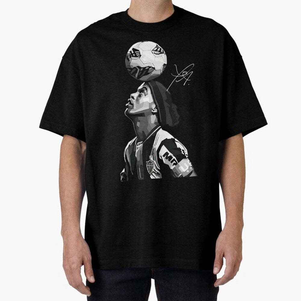 Ronaldinho - black white Oversized T-Shirt Support Global Football Passion for FIFA World Cup 2026 USA Canada Mexico, Highlighting Haaland, Spain and Netherlands, Retro Football Energy, Iconic Rivalries, Trophy Chase Drama and Stadium Atmosphere;