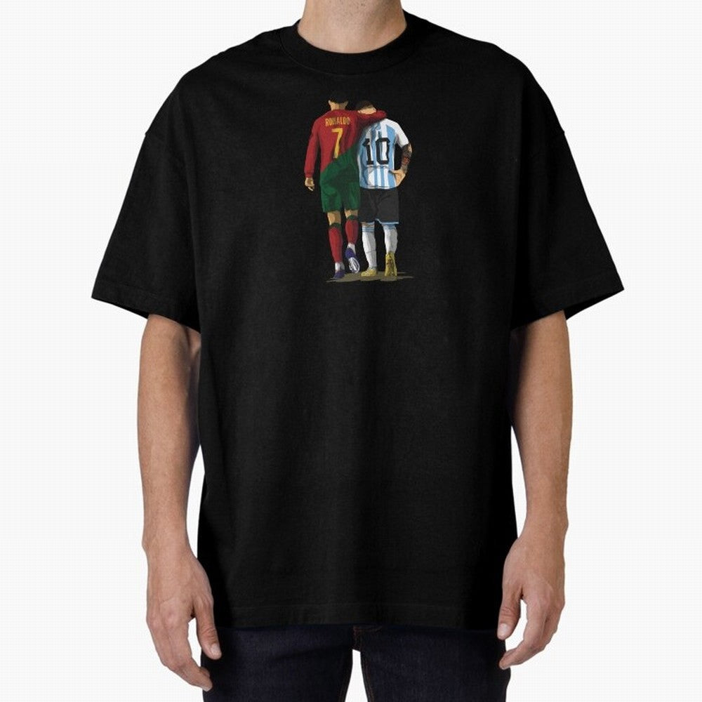 Messi Ronaldo Chit Chat Illustration Oversized T-Shirt Bring Trophy Dreams to the FIFA World Cup 2026 USA Canada Mexico Journey through Haaland Highlights, Portugal Pride, Stadium Memories, Football Loyalty, International Chants and Championship