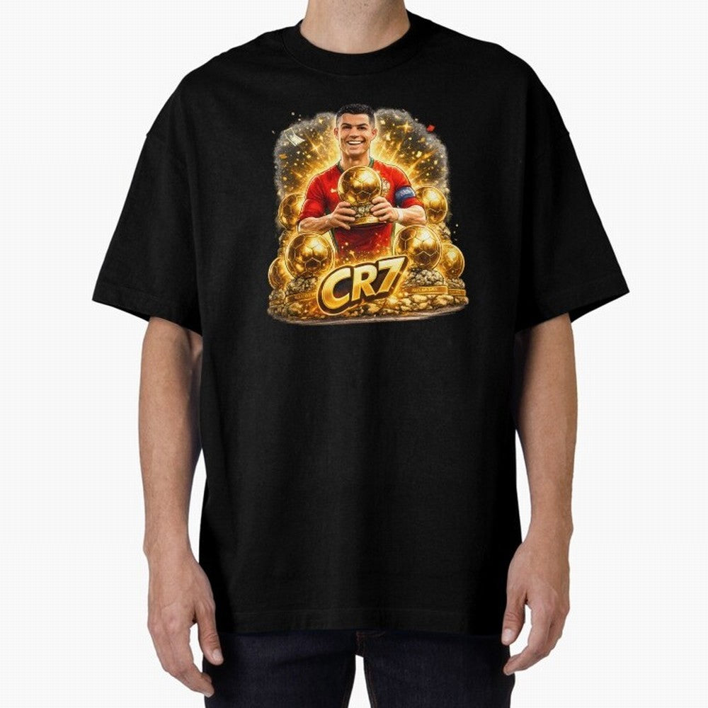 CR7 Five Ballon d'Or Trophies Cartoon ¨C Football Legend Illustration Oversized T-Shirt Represent the Passion of FIFA World Cup 2026 Spirit, Built around England, France and Netherlands, Mbappe and Neymar, Soccer Culture, Superstar Moments,