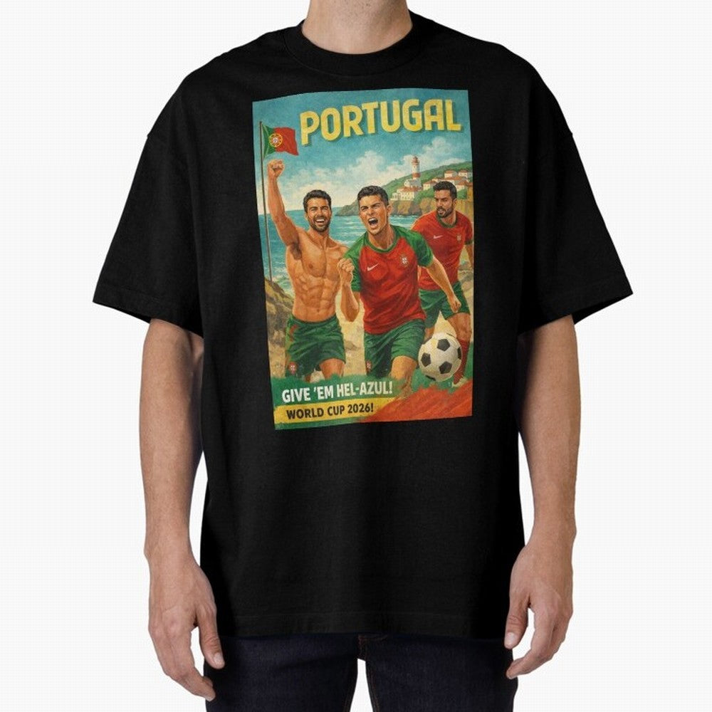 Portugal Hel-Azul Spirit at Cabo da Roca and Bel¨¦m Tower for FIFA World Cup 2026 Oversized T-Shirt Spotlight Global Football Passion for FIFA World Cup 2026 USA Canada Mexico, with Messi and Cristiano Ronaldo, England, France and Netherlands,