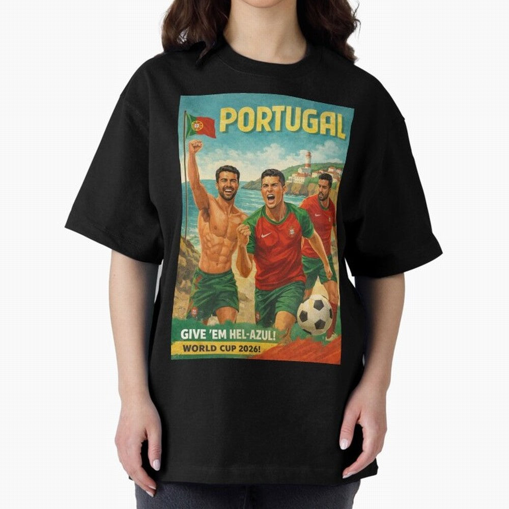 Portugal Hel-Azul Spirit at Cabo da Roca and Bel¨¦m Tower for FIFA World Cup 2026 Oversized T-Shirt Spotlight Global Football Passion for FIFA World Cup 2026 USA Canada Mexico, with Messi and Cristiano Ronaldo, England, France and Netherlands,