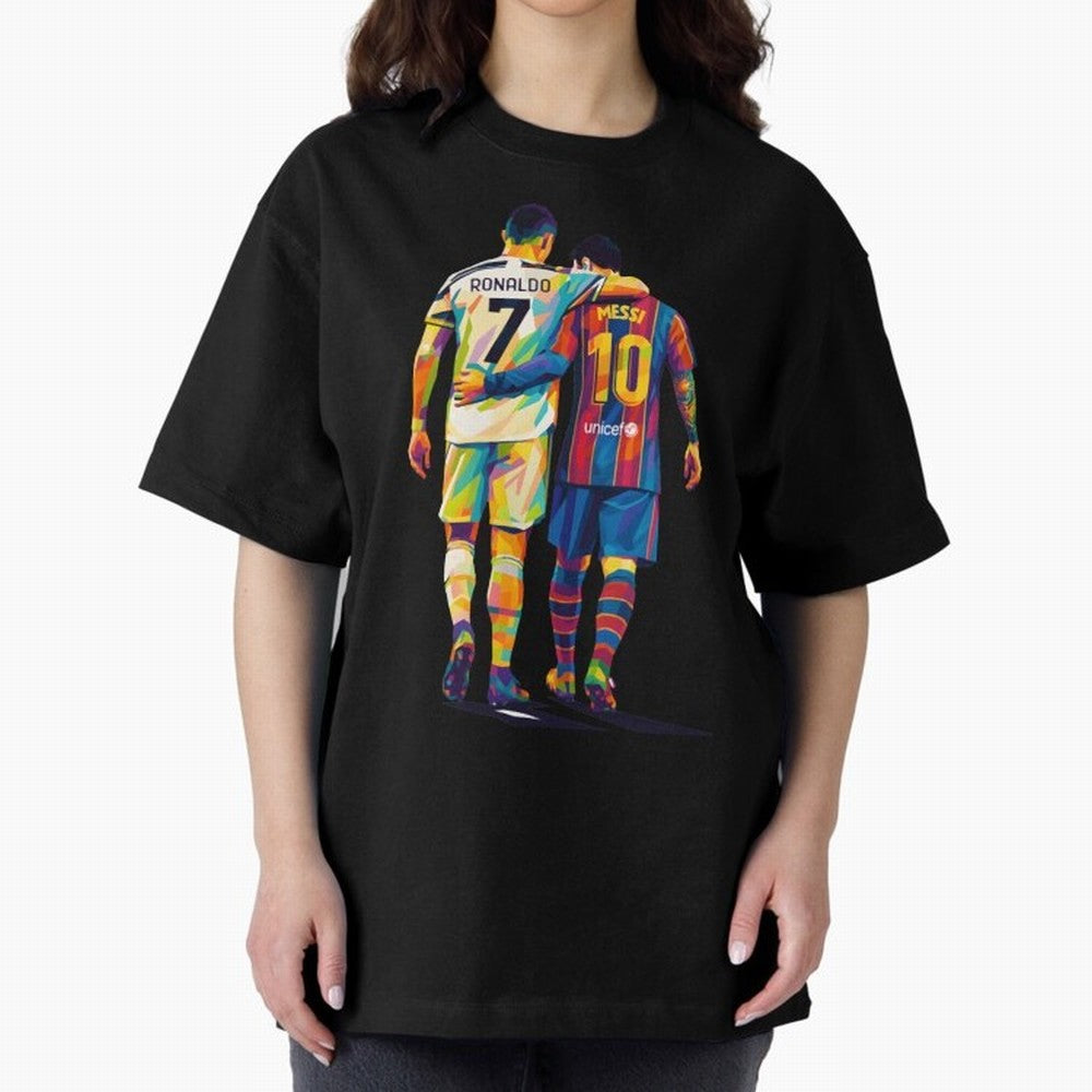 Cristiano Ronaldo and Messi Wpap Art Oversized T-Shirt Make the Season About FIFA World Cup 2026 for Fans of CR7 and England, France and Netherlands, Bringing Vintage Soccer Flavor, Modern Football Stars, National Flags and Final Night Emotion;