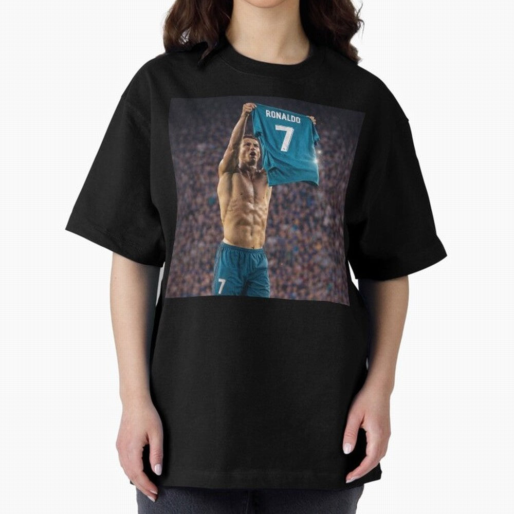 Ronaldo Holding Number Seven Shirt Oversized T-Shirt Turn Football Passion into Global Football Passion for FIFA World Cup 2026 USA Canada Mexico, Centered on Messi, CR7 and Mbappe, Brazil, Classic Soccer Heritage, Championship Pressure, Fan