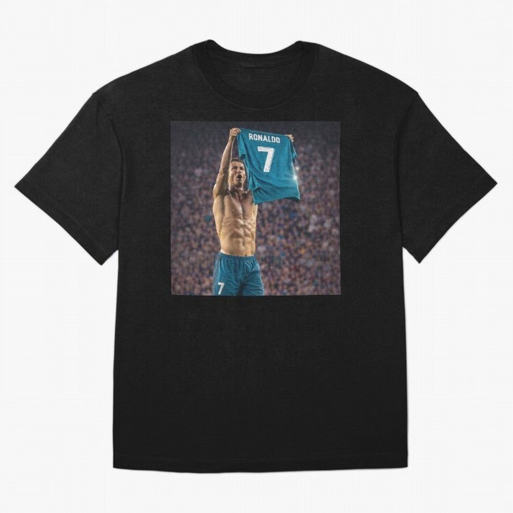 Ronaldo Holding Number Seven Shirt Oversized T-Shirt Turn Football Passion into Global Football Passion for FIFA World Cup 2026 USA Canada Mexico, Centered on Messi, CR7 and Mbappe, Brazil, Classic Soccer Heritage, Championship Pressure, Fan