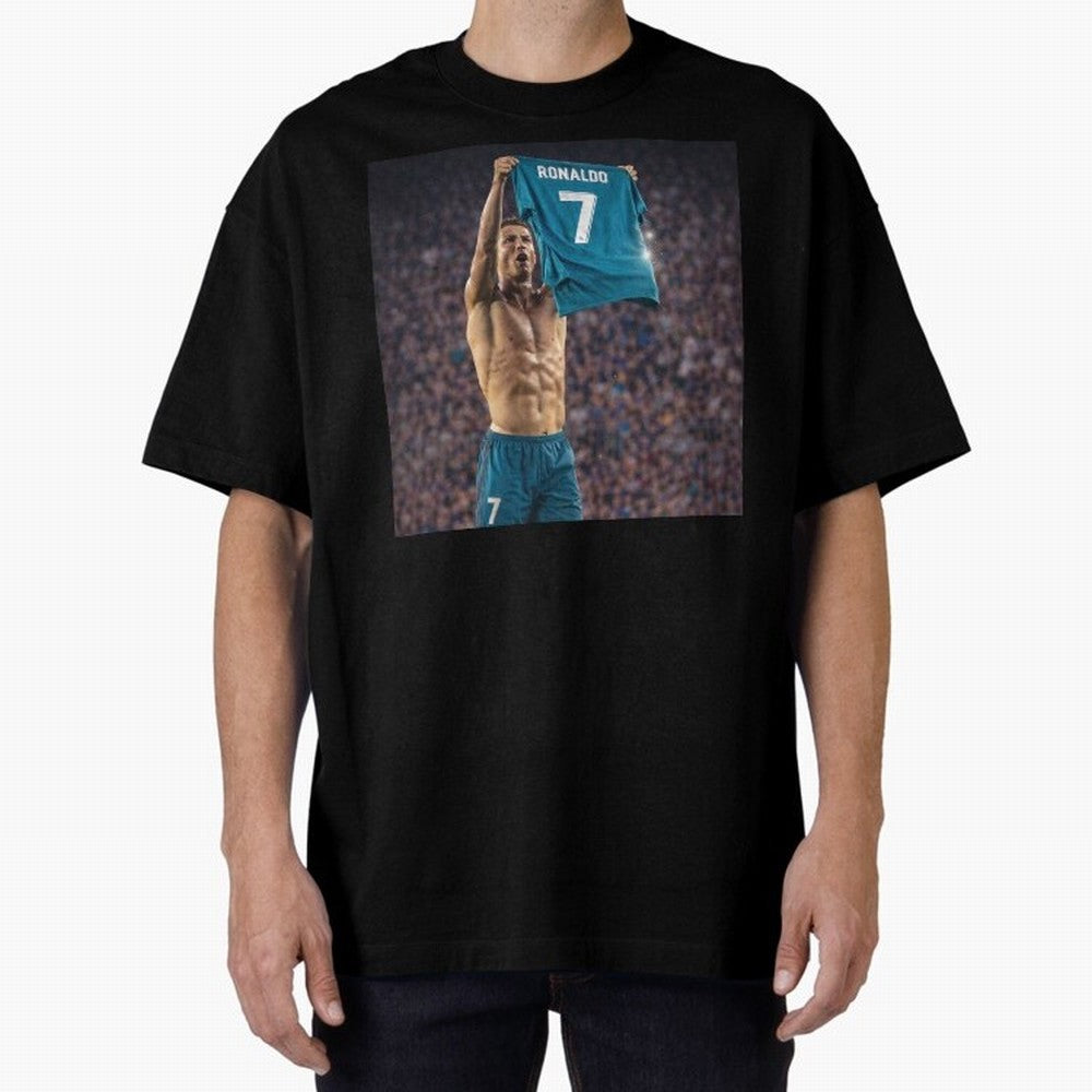Ronaldo Holding Number Seven Shirt Oversized T-Shirt Turn Football Passion into Global Football Passion for FIFA World Cup 2026 USA Canada Mexico, Centered on Messi, CR7 and Mbappe, Brazil, Classic Soccer Heritage, Championship Pressure, Fan