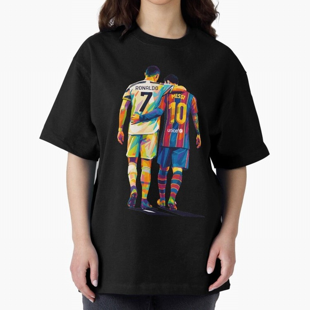 Cristiano Ronaldo & Messi Oversized T-Shirt Celebrate National Team Dreams in Global Football Passion for FIFA World Cup 2026 Group Stage, Capturing CR7, Brazil, Vintage Soccer Flavor, Modern Football Stars, National Flags and Final Night Emotion;