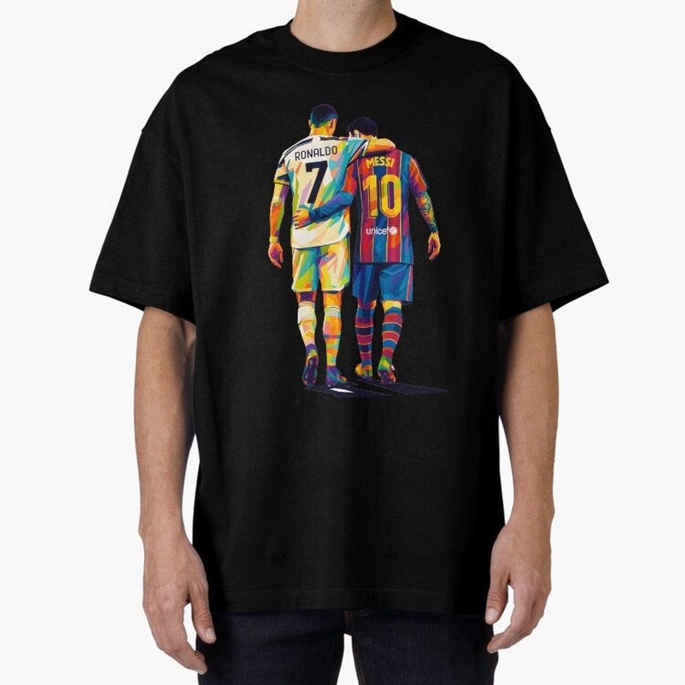 Cristiano Ronaldo & Messi Oversized T-Shirt Celebrate National Team Dreams in Global Football Passion for FIFA World Cup 2026 Group Stage, Capturing CR7, Brazil, Vintage Soccer Flavor, Modern Football Stars, National Flags and Final Night Emotion;