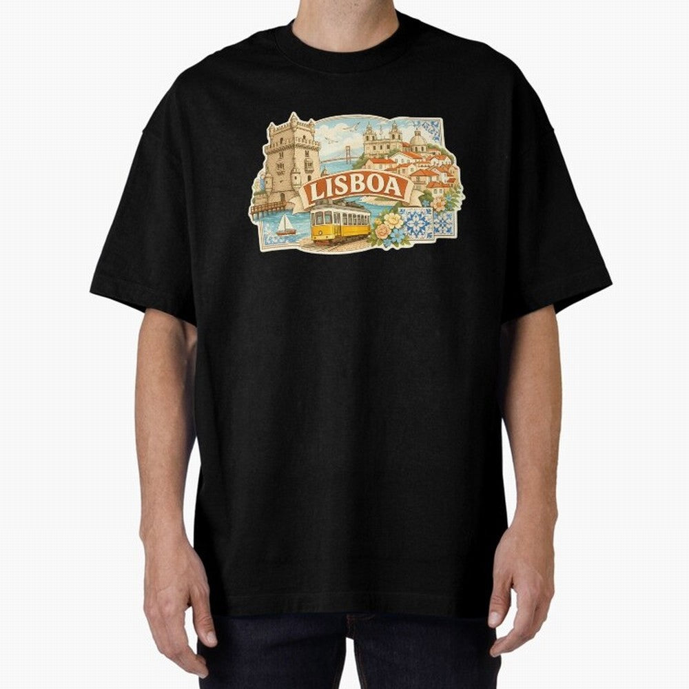 Vintage Tram Lisbon Illustration Oversized T-Shirt Celebrate Global Passion for Global Football Passion for FIFA World Cup 2026 Group Stage, Featuring Messi and Cristiano Ronaldo, England, Football Passion, Legendary Performances, Festival Vibes