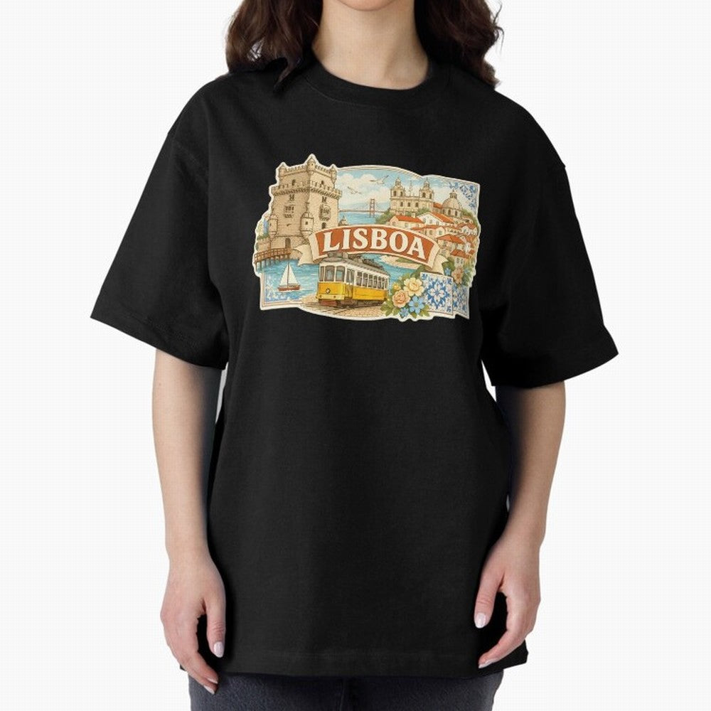 Vintage Tram Lisbon Illustration Oversized T-Shirt Celebrate Global Passion for Global Football Passion for FIFA World Cup 2026 Group Stage, Featuring Messi and Cristiano Ronaldo, England, Football Passion, Legendary Performances, Festival Vibes