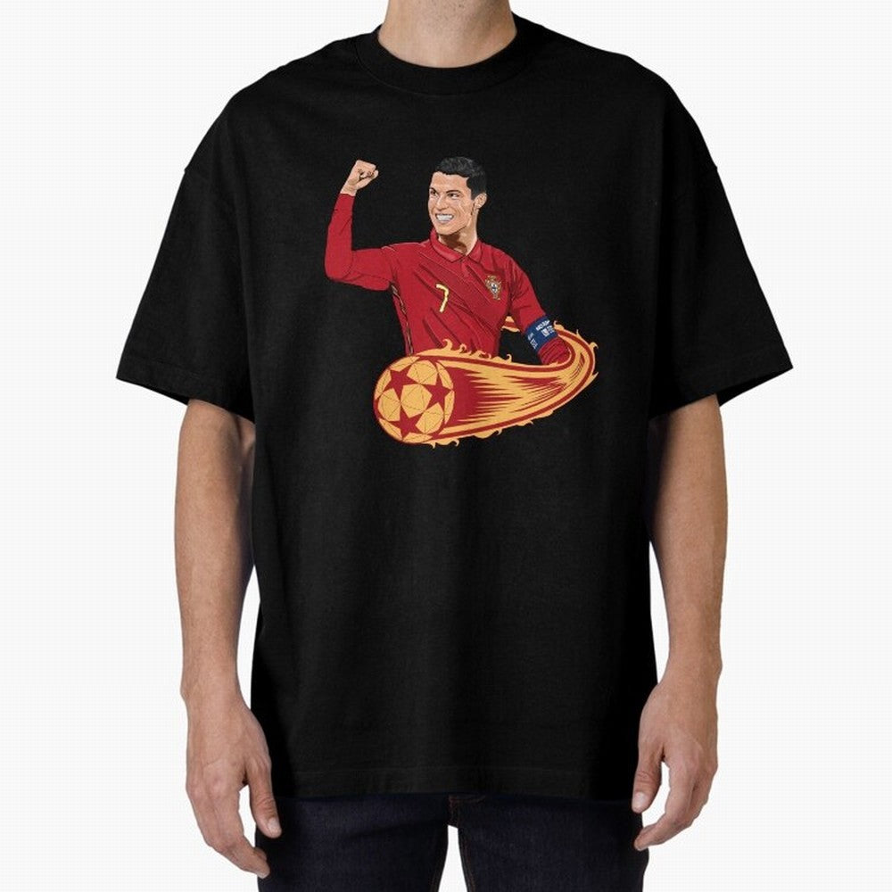 Cristiano Ronaldo drawing Oversized T-Shirt Celebrate Soccer Greatness during Global Football Passion for FIFA World Cup 2026 USA Canada Mexico, Inspired by Cristiano Ronaldo, Spain and Netherlands, Sports Nostalgia, International Competition,