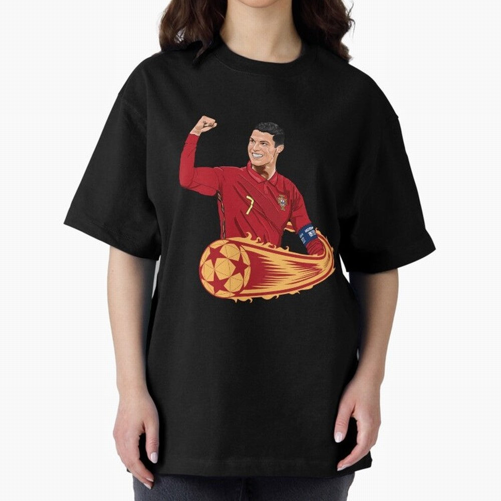 Cristiano Ronaldo drawing Oversized T-Shirt Celebrate Soccer Greatness during Global Football Passion for FIFA World Cup 2026 USA Canada Mexico, Inspired by Cristiano Ronaldo, Spain and Netherlands, Sports Nostalgia, International Competition,