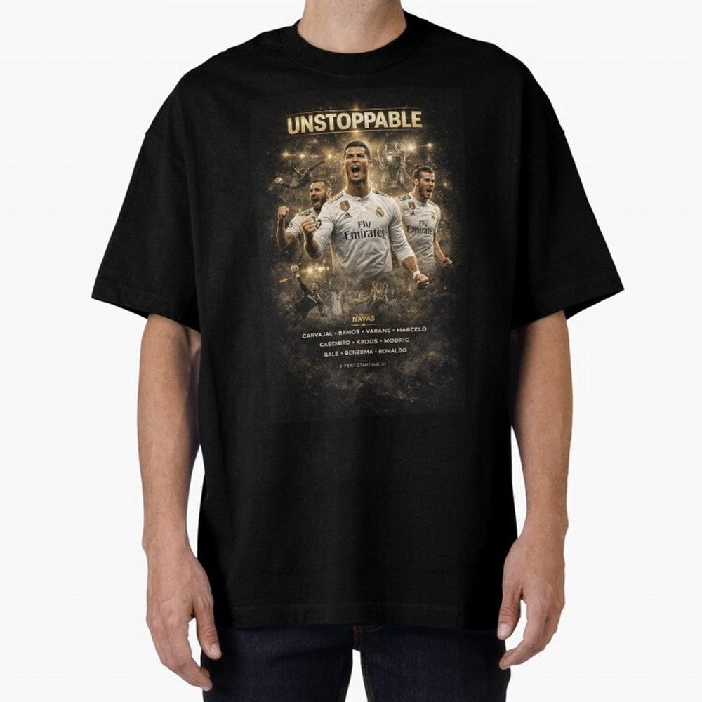 Unstoppable - Real Madrid Oversized T-Shirt Bring FIFA World Cup 2026 Group Stage for Fans of CR7 and Messi and Germany, Bringing Supporter Pride, Iconic Celebrations, Legendary Names and Global Match Day Energy; Perfect for Fans, Collectors,