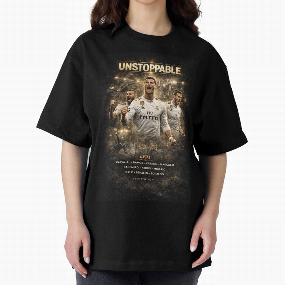 Unstoppable - Real Madrid Oversized T-Shirt Bring FIFA World Cup 2026 Group Stage for Fans of CR7 and Messi and Germany, Bringing Supporter Pride, Iconic Celebrations, Legendary Names and Global Match Day Energy; Perfect for Fans, Collectors,