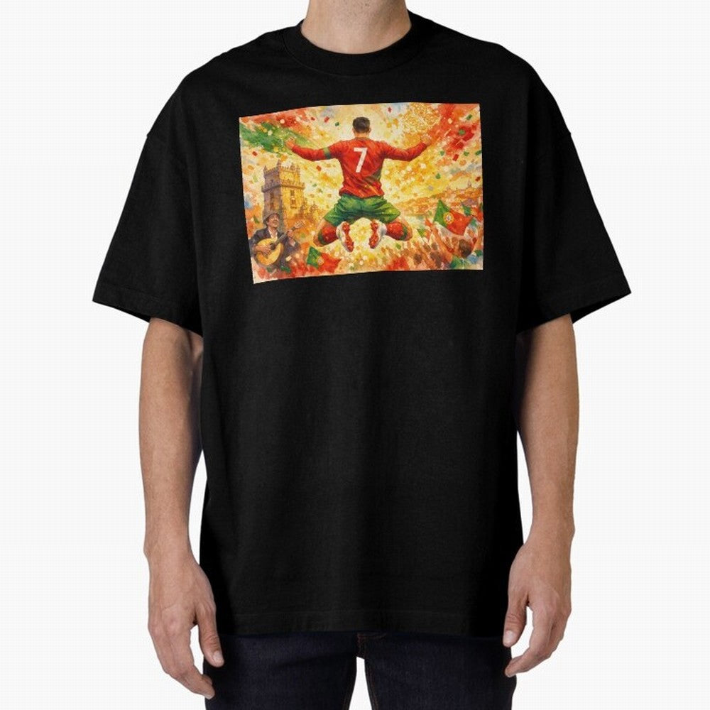 Soccer Player in Mid-Air Celebration Legend CR7 Oversized T-Shirt Represent Football Lovers during FIFA World Cup 2026 USA Canada Mexico for Fans of Mbappe and Brazil, Bringing Supporter Pride, Iconic Celebrations, Legendary Names and Global Match