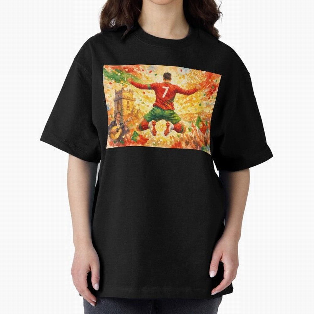 Soccer Player in Mid-Air Celebration Legend CR7 Oversized T-Shirt Represent Football Lovers during FIFA World Cup 2026 USA Canada Mexico for Fans of Mbappe and Brazil, Bringing Supporter Pride, Iconic Celebrations, Legendary Names and Global Match