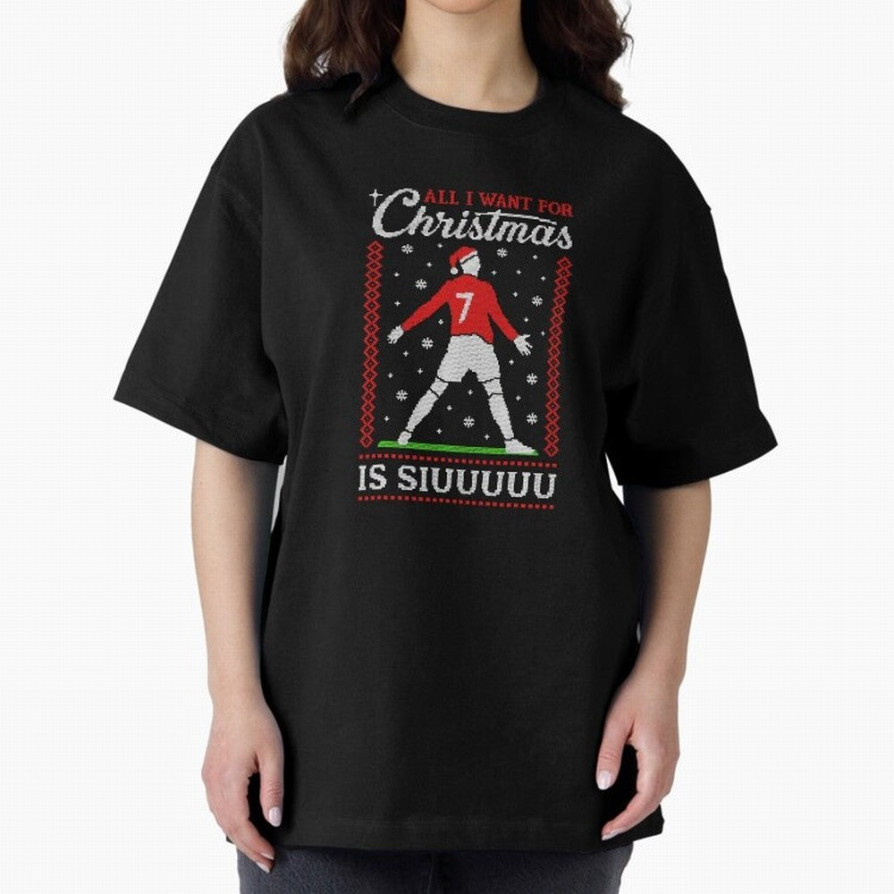 All I Want For Christmas Is Siuu Funny Christmas Festive Knitted Oversized T-Shirt Celebrate Global Passion for Global Football Passion for FIFA World Cup 2026 Group Stage, with Neymar, Haaland and Cristiano Ronaldo, Portugal, Classic Soccer