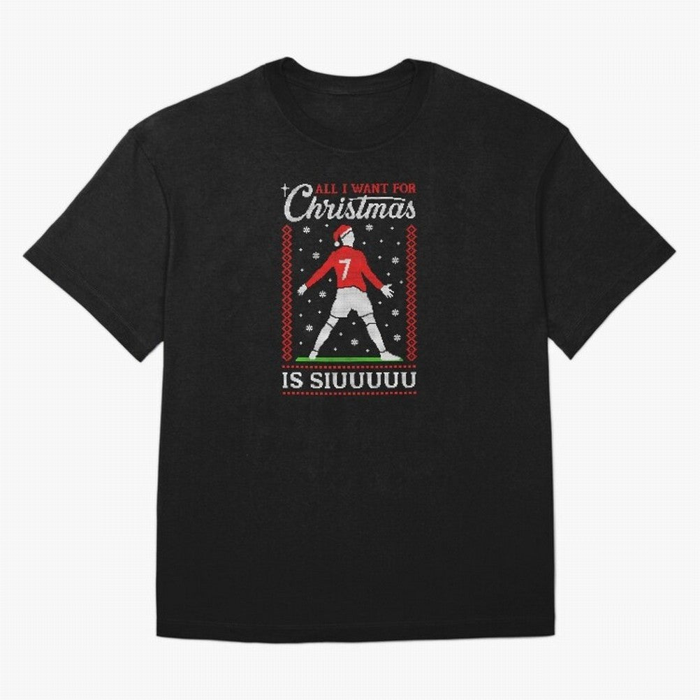 All I Want For Christmas Is Siuu Funny Christmas Festive Knitted Oversized T-Shirt Celebrate Global Passion for Global Football Passion for FIFA World Cup 2026 Group Stage, with Neymar, Haaland and Cristiano Ronaldo, Portugal, Classic Soccer
