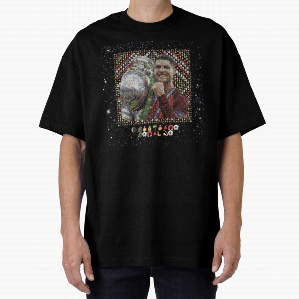 Cristiano Ronaldo Inspired Emoji Mosaic Art ¨C Football Champion Trophy Tribute Poster Oversized T-Shirt Support Your Favorite Stars during Global Football Passion for FIFA World Cup 2026, Centered on Messi, CR7 and Mbappe, France and Portugal,