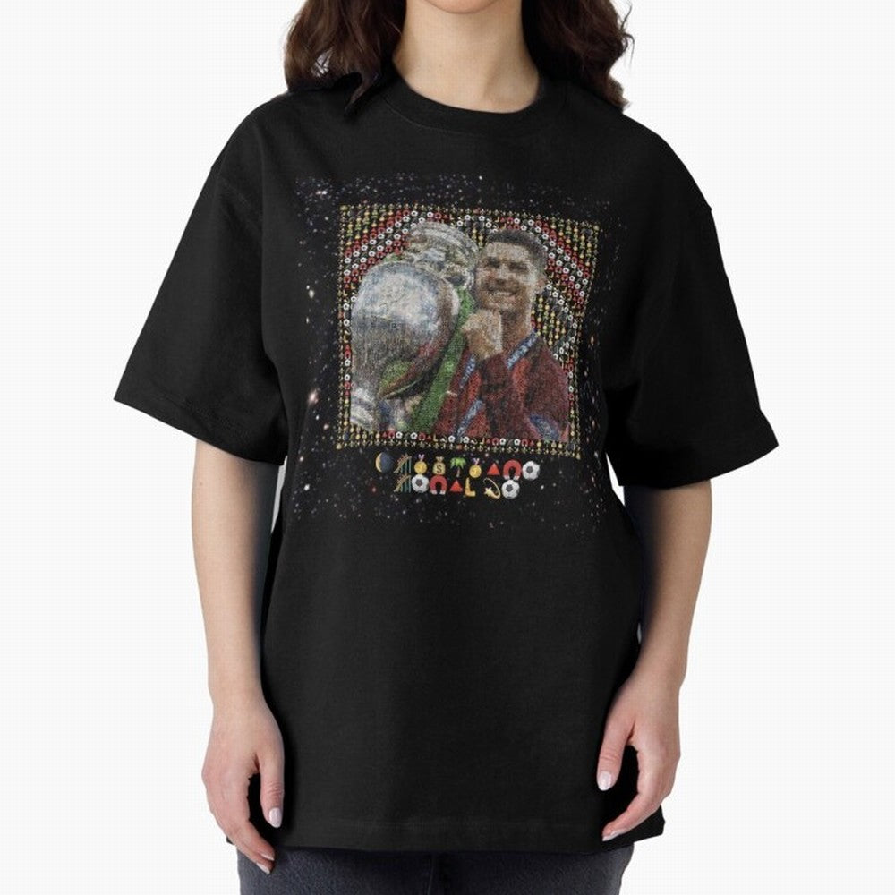 Cristiano Ronaldo Inspired Emoji Mosaic Art ¨C Football Champion Trophy Tribute Poster Oversized T-Shirt Support Your Favorite Stars during Global Football Passion for FIFA World Cup 2026, Centered on Messi, CR7 and Mbappe, France and Portugal,