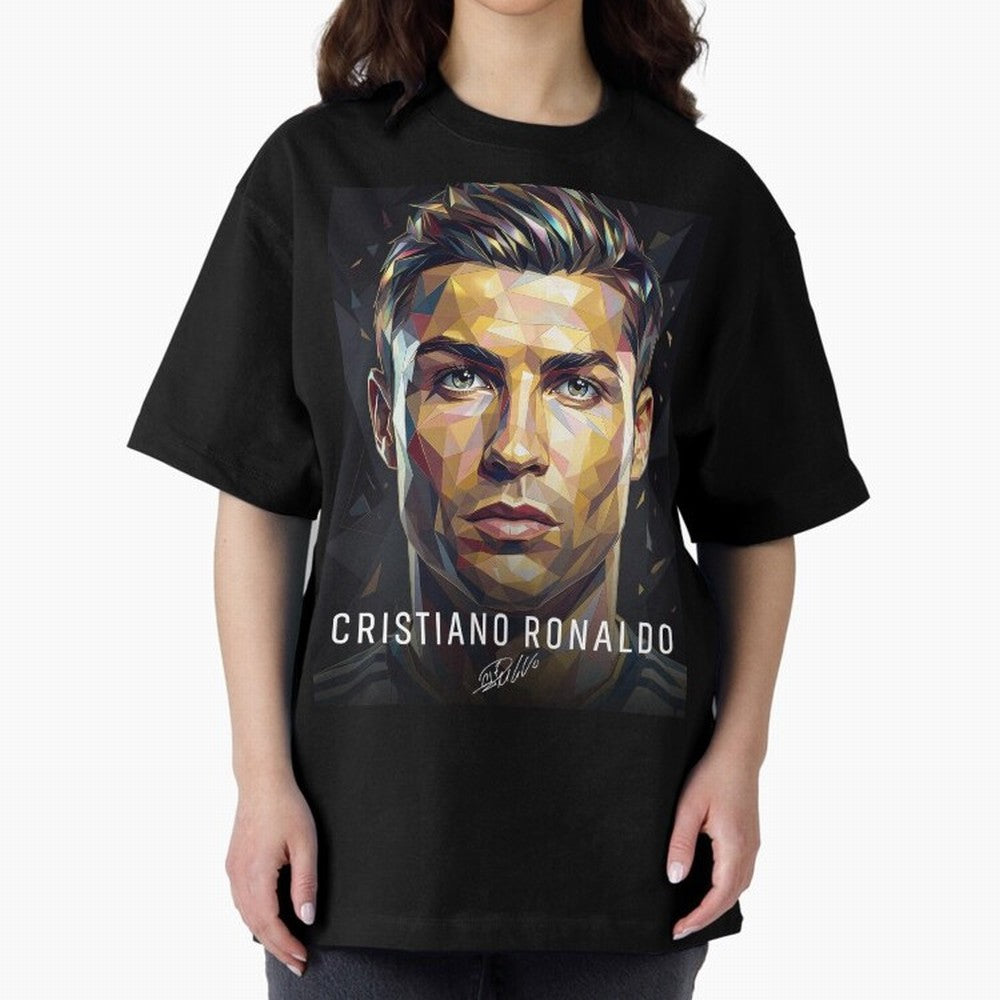 Cristiano Ronaldo Geometric Low Poly Soccer Legend Oversized T-Shirt Celebrate the Road through FIFA World Cup 2026 Spirit, Celebrating England, France and Netherlands, Haaland, Football History, Final Match Energy, Crowd Noise and Once in a