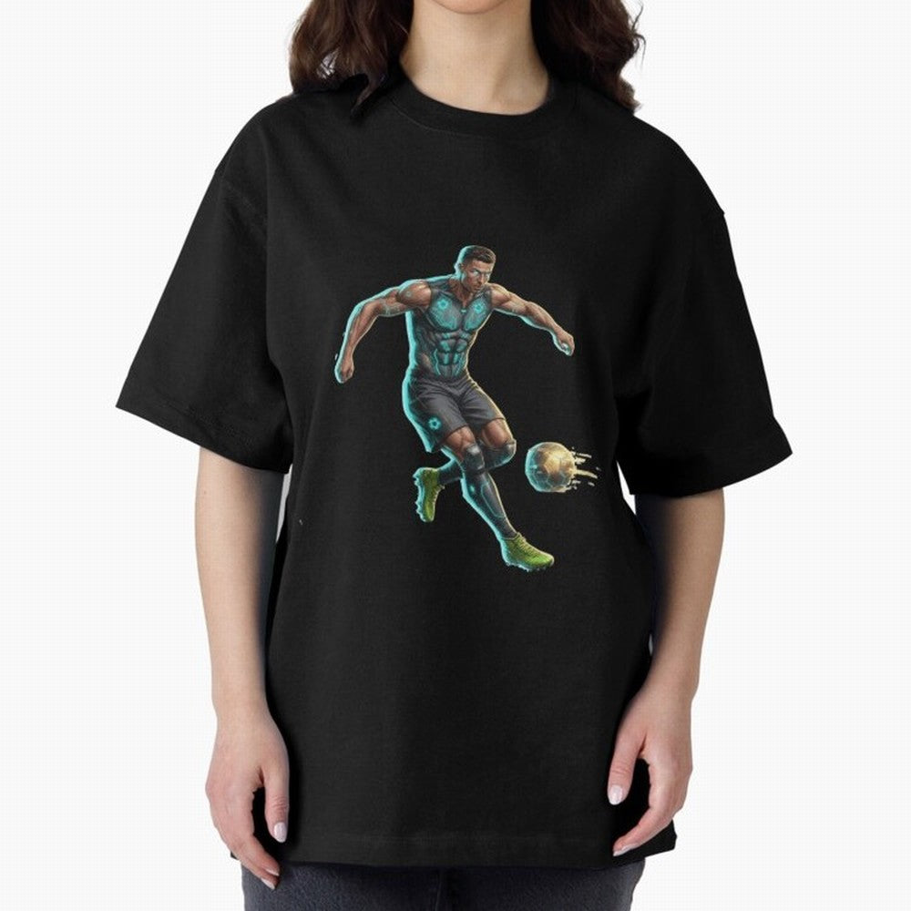 Cyberpunk Cristiano Ronaldo: Futuristic CR7 Kicking Glowing Soccer Ball Fan Art Oversized T-Shirt Bring Champion Energy into the FIFA World Cup 2026 Journey through Messi Highlights, England and Germany Pride, Retro Football Energy, Iconic