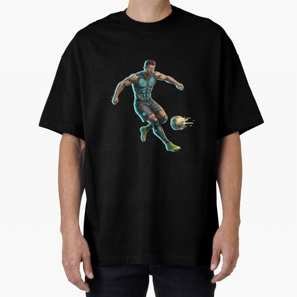 Cyberpunk Cristiano Ronaldo: Futuristic CR7 Kicking Glowing Soccer Ball Fan Art Oversized T-Shirt Bring Champion Energy into the FIFA World Cup 2026 Journey through Messi Highlights, England and Germany Pride, Retro Football Energy, Iconic
