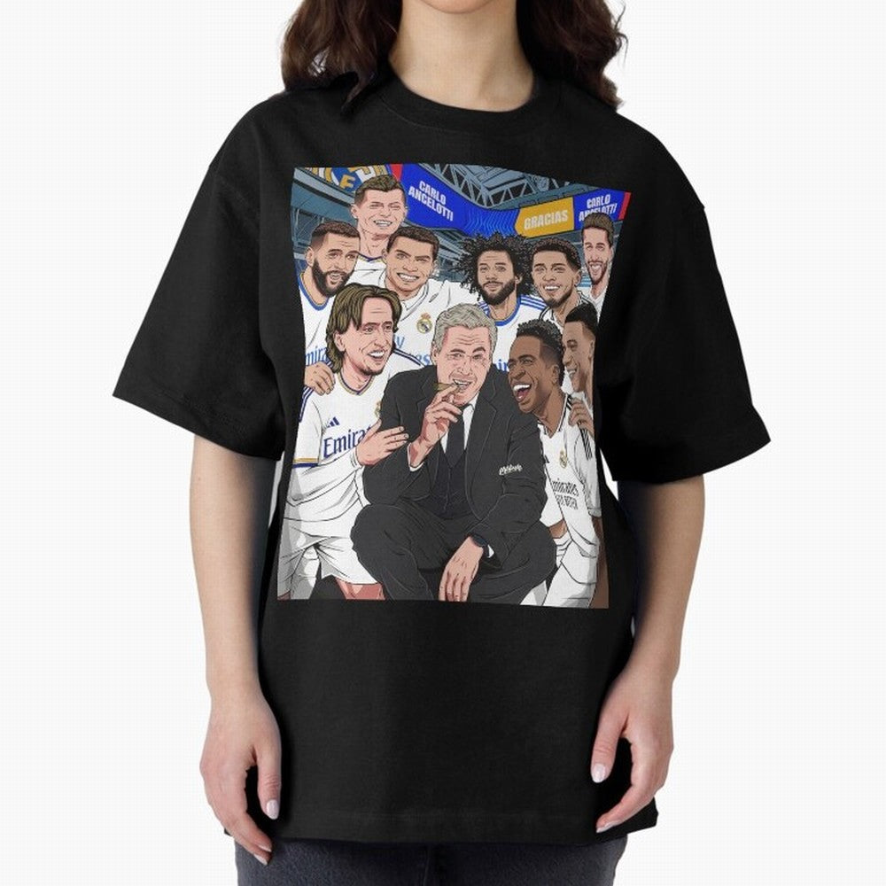 Carlo Ancelotti and Real Madrid Players Oversized T-Shirt Feel the Trophy Chase of Global Football Passion for FIFA World Cup 2026 Group Stage, Filled with Messi, Neymar and Mbappe, England, France and Netherlands, Football History, Final Match