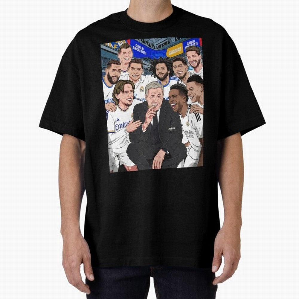 Carlo Ancelotti and Real Madrid Players Oversized T-Shirt Feel the Trophy Chase of Global Football Passion for FIFA World Cup 2026 Group Stage, Filled with Messi, Neymar and Mbappe, England, France and Netherlands, Football History, Final Match