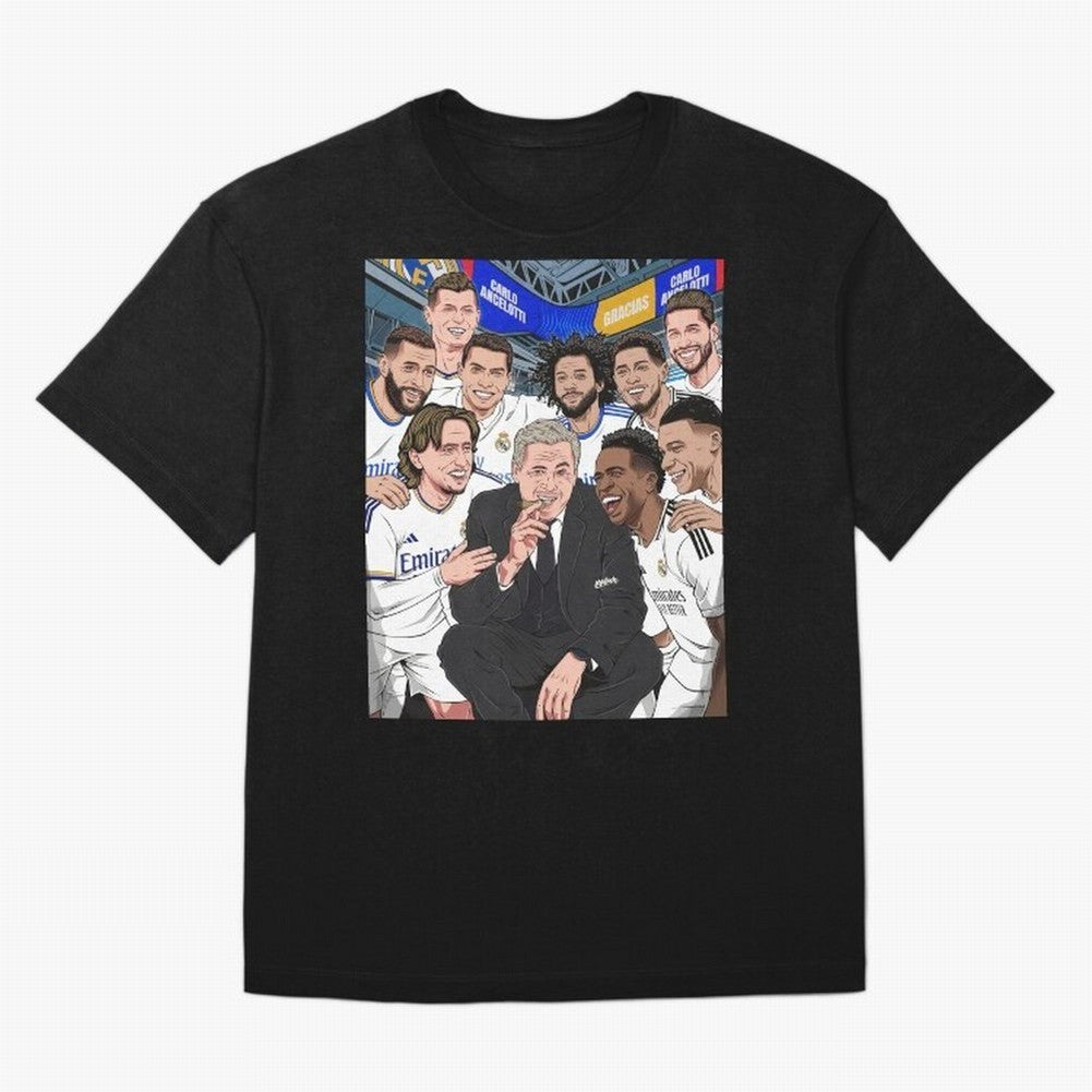 Carlo Ancelotti and Real Madrid Players Oversized T-Shirt Feel the Trophy Chase of Global Football Passion for FIFA World Cup 2026 Group Stage, Filled with Messi, Neymar and Mbappe, England, France and Netherlands, Football History, Final Match