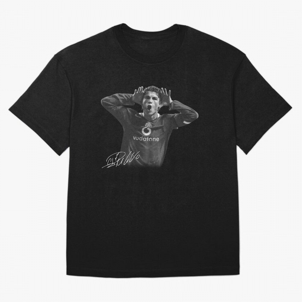 Black and White Cristiano Ronaldo T-Shirt Young Manchester Ronaldo - Celebration Oversized T-Shirt Feel International Energy from FIFA World Cup 2026 USA Canada Mexico Spirit, Made for France, Mbappe, Sports Nostalgia, International Competition,