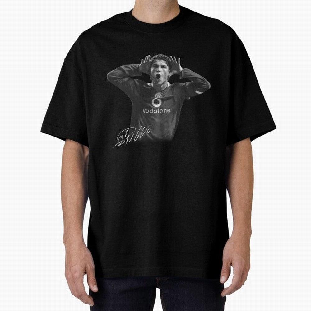 Black and White Cristiano Ronaldo T-Shirt Young Manchester Ronaldo - Celebration Oversized T-Shirt Feel International Energy from FIFA World Cup 2026 USA Canada Mexico Spirit, Made for France, Mbappe, Sports Nostalgia, International Competition,