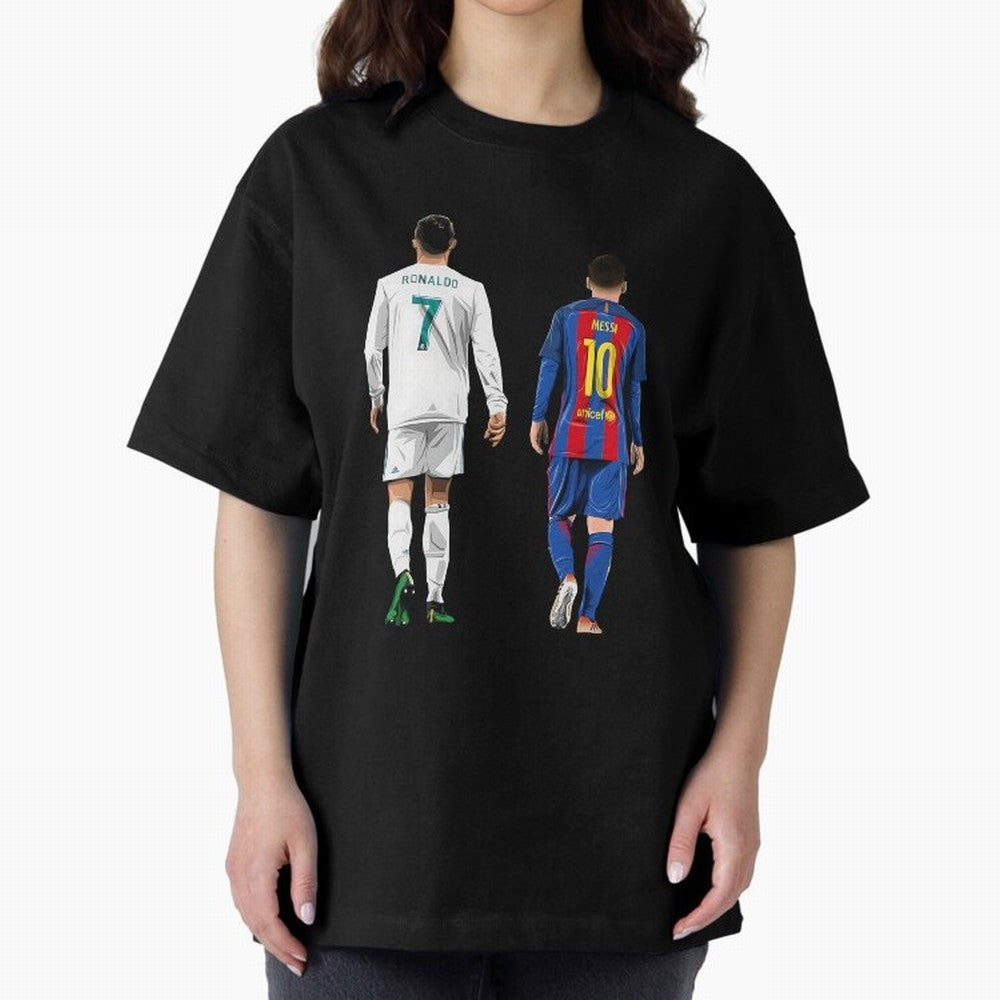 Cristiano Ronaldo & Messi vector Oversized T-Shirt Honor Football Greatness during Match Day Hype around FIFA World Cup 2026, Mbappe, Portugal, Spain and Germany, Soccer Culture, Superstar Moments, National Team Dreams and Competitive Fire; Created