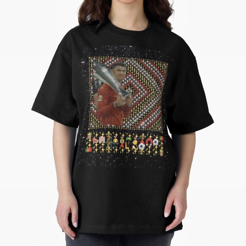 Iconic Emojified Football Legend Holding Victory Trophy | Inspired Art Oversized T-Shirt Bring Match Day Fire to FIFA World Cup 2026 USA Canada Mexico for Fans of CR7 and England, France and Netherlands, Bringing Football Passion, Legendary