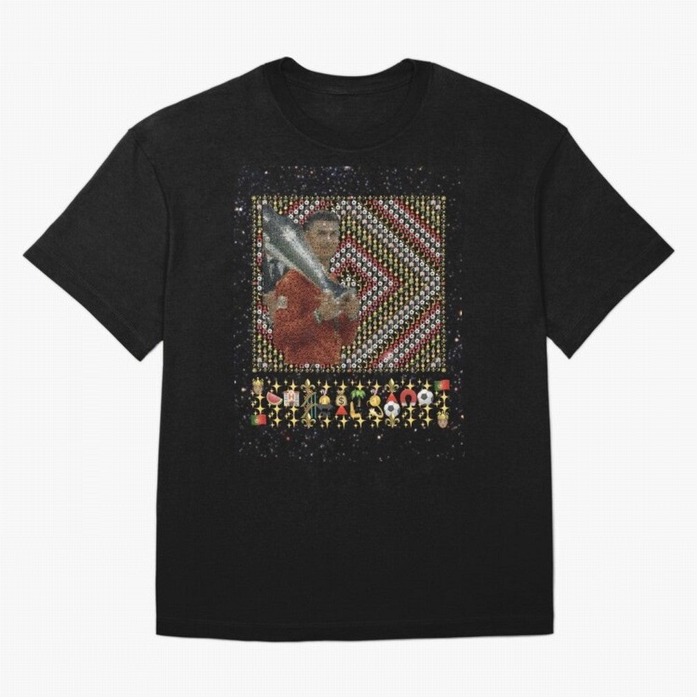 Iconic Emojified Football Legend Holding Victory Trophy | Inspired Art Oversized T-Shirt Bring Match Day Fire to FIFA World Cup 2026 USA Canada Mexico for Fans of CR7 and England, France and Netherlands, Bringing Football Passion, Legendary