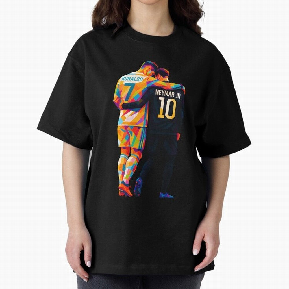 Cristiano Ronaldo & Neymar JR Wpap Art Oversized T-Shirt Feel the Trophy Chase of FIFA World Cup 2026 for Fans of Messi and Argentina, France and Brazil, Bringing Sports Nostalgia, International Competition, Famous Players and Unforgettable