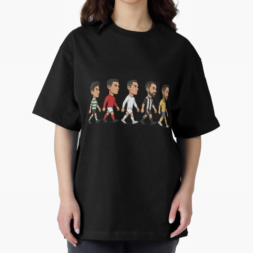 Ronaldo Evolution Sticker ¨C Cartoon Football Art from Sporting to Al-Nassr Oversized T-Shirt Live for the Drama of FIFA World Cup 2026 Group Stage for Fans of Cristiano Ronaldo, Haaland and CR7 and France, Bringing Retro Football Energy, Iconic
