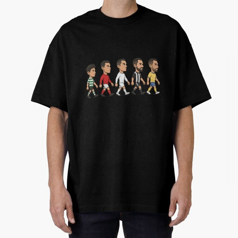 Ronaldo Evolution Sticker ¨C Cartoon Football Art from Sporting to Al-Nassr Oversized T-Shirt Live for the Drama of FIFA World Cup 2026 Group Stage for Fans of Cristiano Ronaldo, Haaland and CR7 and France, Bringing Retro Football Energy, Iconic