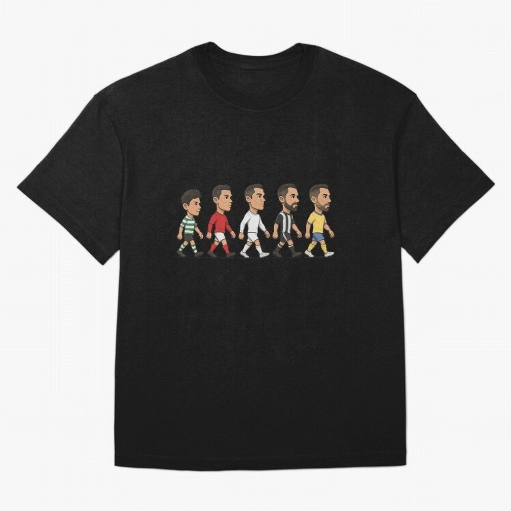 Ronaldo Evolution Sticker ¨C Cartoon Football Art from Sporting to Al-Nassr Oversized T-Shirt Live for the Drama of FIFA World Cup 2026 Group Stage for Fans of Cristiano Ronaldo, Haaland and CR7 and France, Bringing Retro Football Energy, Iconic