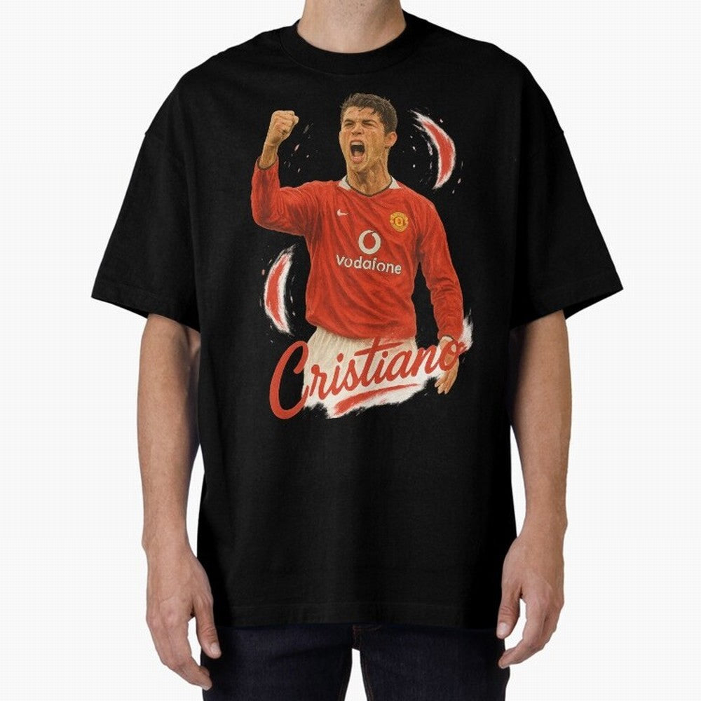 Young Cristiano Ronaldo Man United Art ¨C Rising Soccer Legend Tribute	 Oversized T-Shirt Keep the Legacy of FIFA World Cup 2026 Group Stage Connected to CR7, England Energy, Goal Celebration Energy, Supporter Heritage, Football Icons and Worldwide