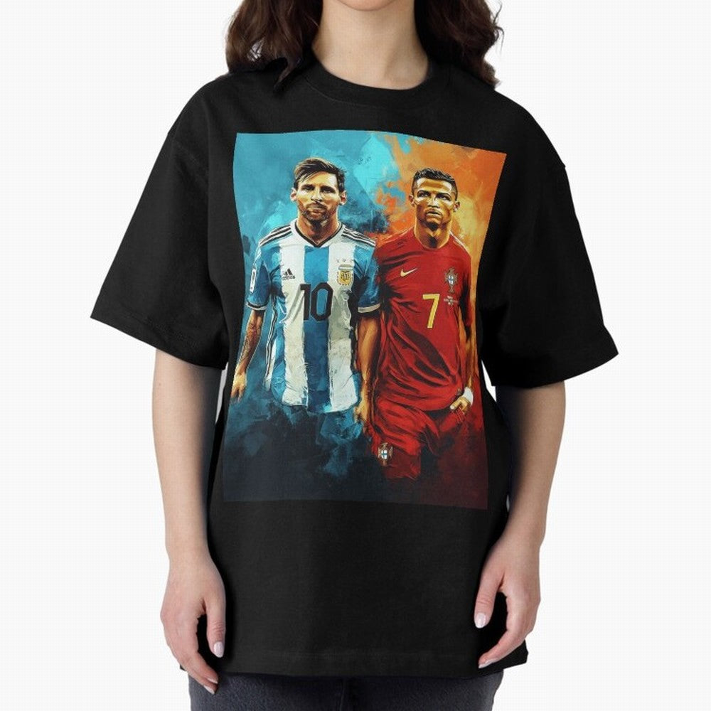 Lionel Messi and Cristiano Ronaldo Oversized T-Shirt Relive the Noise and Pride of FIFA World Cup 2026 for Fans of Messi and Cristiano Ronaldo and Argentina and Brazil, Bringing Vintage Soccer Flavor, Modern Football Stars, National Flags and Final