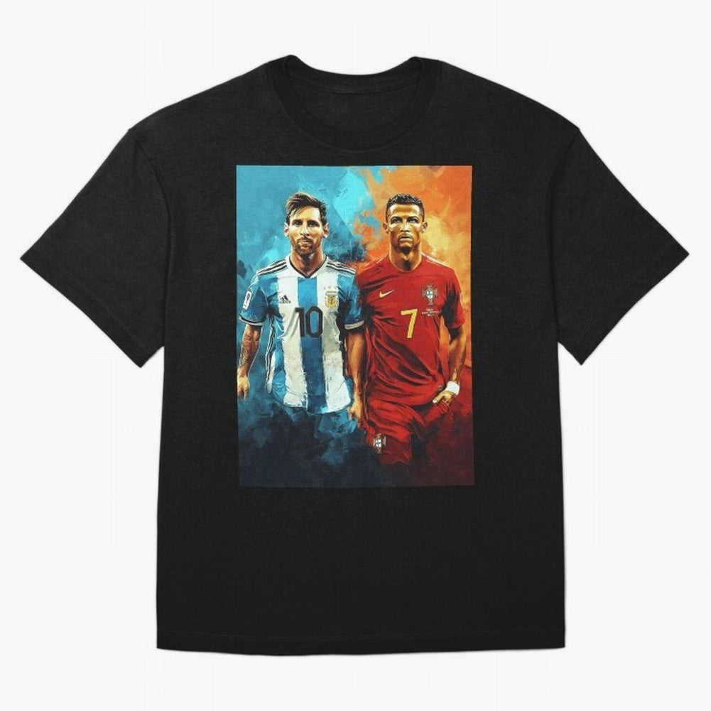 Lionel Messi and Cristiano Ronaldo Oversized T-Shirt Relive the Noise and Pride of FIFA World Cup 2026 for Fans of Messi and Cristiano Ronaldo and Argentina and Brazil, Bringing Vintage Soccer Flavor, Modern Football Stars, National Flags and Final