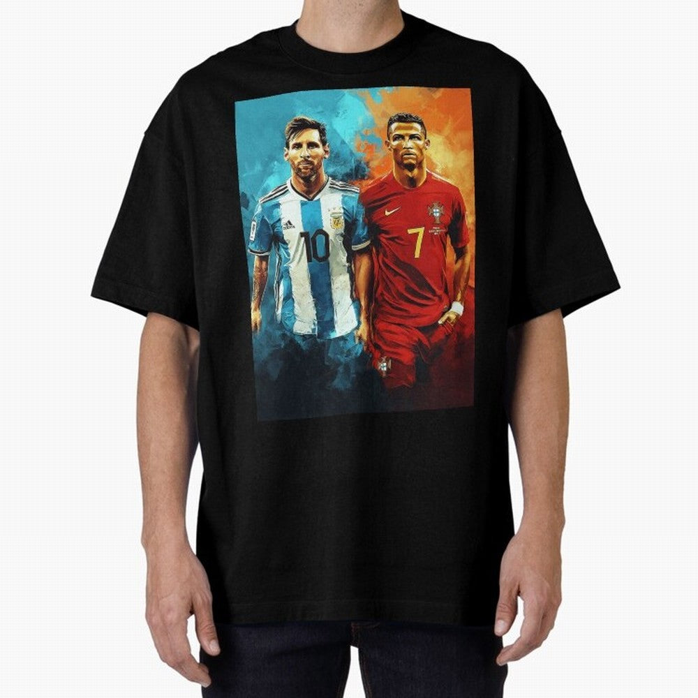 Lionel Messi and Cristiano Ronaldo Oversized T-Shirt Relive the Noise and Pride of FIFA World Cup 2026 for Fans of Messi and Cristiano Ronaldo and Argentina and Brazil, Bringing Vintage Soccer Flavor, Modern Football Stars, National Flags and Final