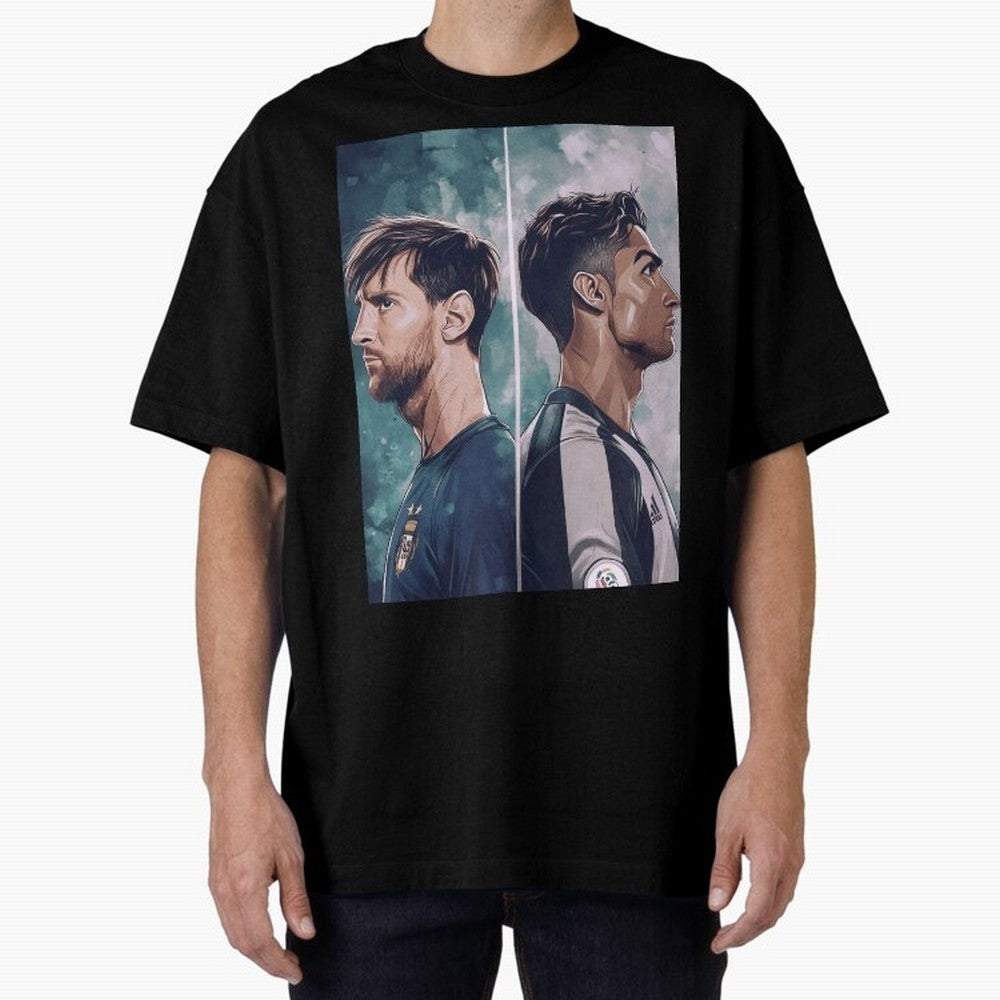 Lionel Messi and Cristiano Ronaldo Oversized T-Shirt Spotlight FIFA World Cup 2026 Group Stage Spirit, Highlighting England and Germany, Neymar, Goal Celebration Energy, Supporter Heritage, Football Icons and Worldwide Tournament Joy; Ideal for
