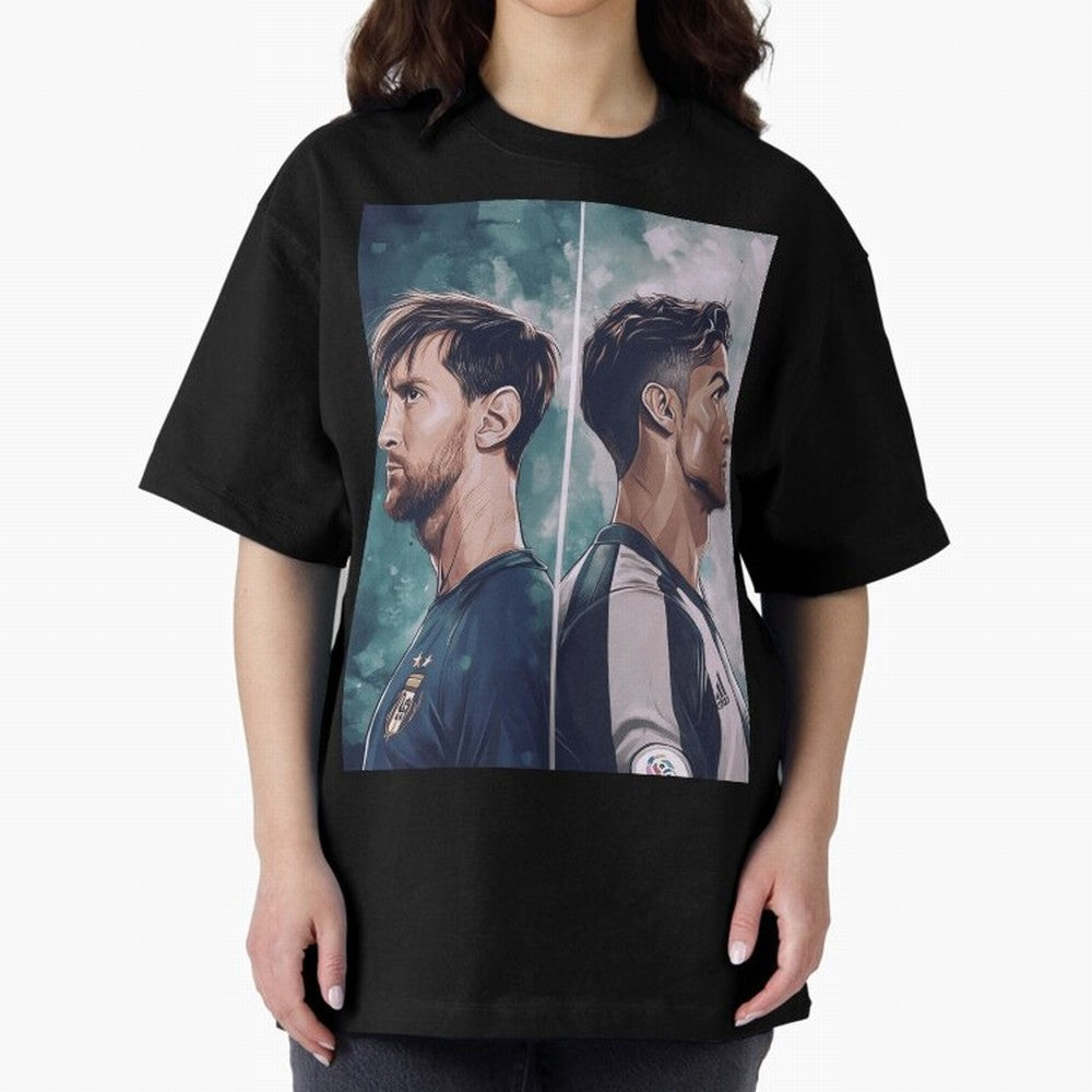 Lionel Messi and Cristiano Ronaldo Oversized T-Shirt Spotlight FIFA World Cup 2026 Group Stage Spirit, Highlighting England and Germany, Neymar, Goal Celebration Energy, Supporter Heritage, Football Icons and Worldwide Tournament Joy; Ideal for
