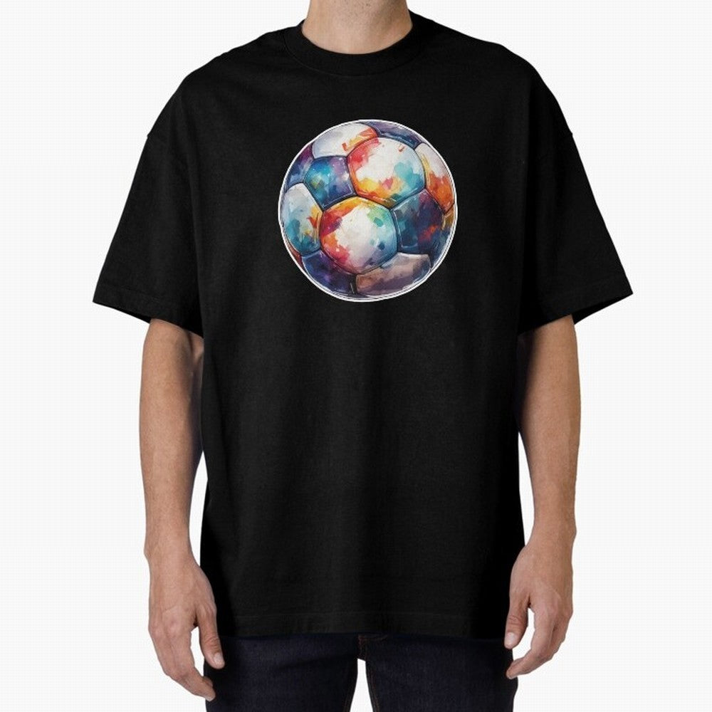Football Soccer Ball Watercolor Illustration Drawing (Gray Blue BG) Oversized T-Shirt Feel the Trophy Chase of Global Football Passion for FIFA World Cup 2026 Group Stage, Inspired by CR7, England and Germany, Vintage Soccer Flavor, Modern Football