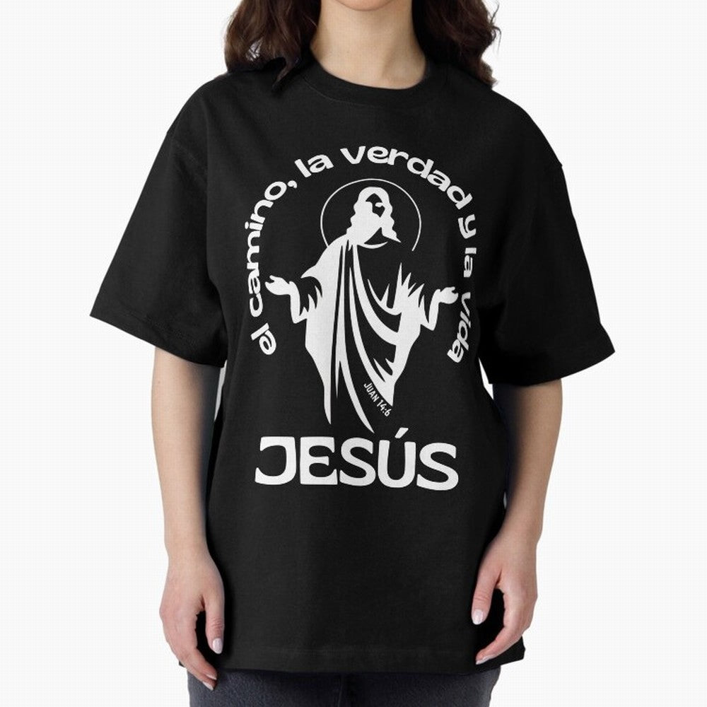 JES¨²S - el camino, la verdad y la vida Oversized T-Shirt Step into Global Football Passion for FIFA World Cup 2026 Group Stage, Built around Messi, CR7 and Mbappe, Brazil, Portugal and Argentina, Sports Nostalgia, International Competition, Famous