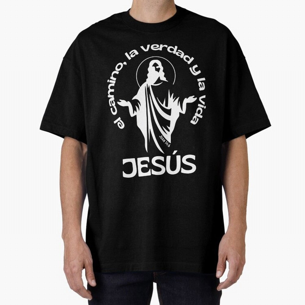 JES¨²S - el camino, la verdad y la vida Oversized T-Shirt Step into Global Football Passion for FIFA World Cup 2026 Group Stage, Built around Messi, CR7 and Mbappe, Brazil, Portugal and Argentina, Sports Nostalgia, International Competition, Famous