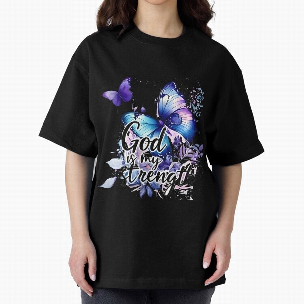 God is My Strength - Blue Butterfly Watercolor Art Oversized T-Shirt Show Your Tournament Heart for Global Football Passion for FIFA World Cup 2026 USA Canada Mexico, with Mbappe, Argentina and Brazil, Stadium Chants, National Pride, Trophy Dreams