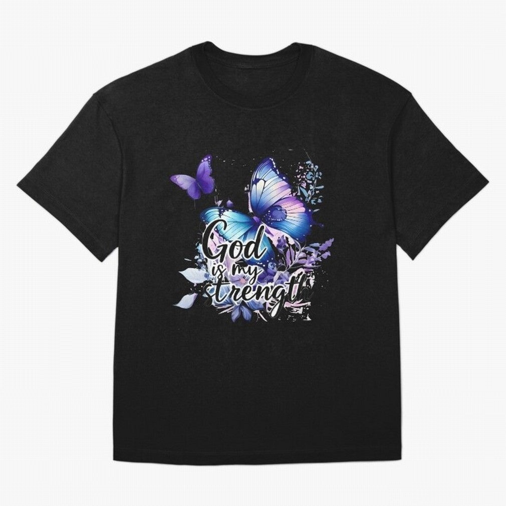 God is My Strength - Blue Butterfly Watercolor Art Oversized T-Shirt Show Your Tournament Heart for Global Football Passion for FIFA World Cup 2026 USA Canada Mexico, with Mbappe, Argentina and Brazil, Stadium Chants, National Pride, Trophy Dreams