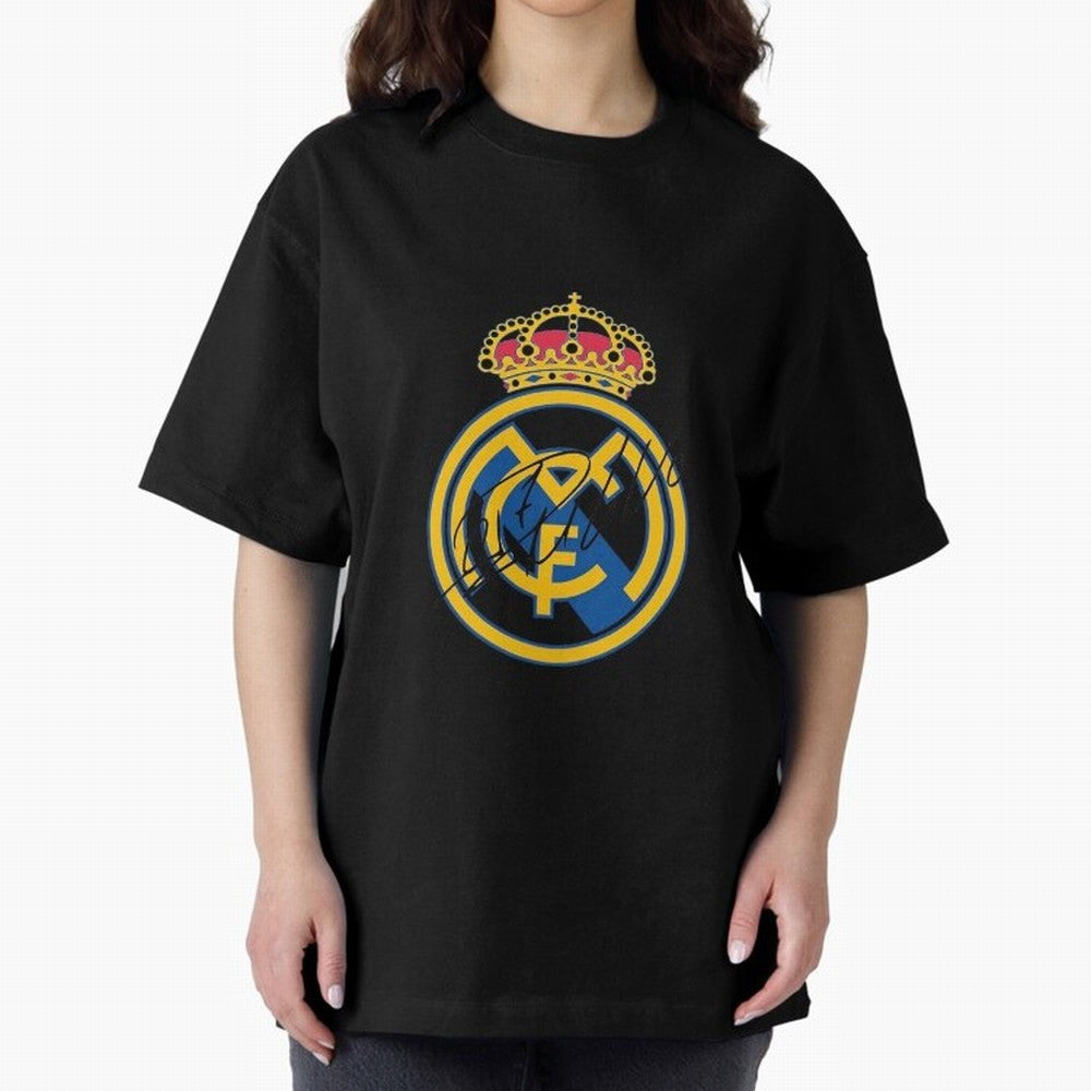 Real Madrid C.F. crest with Cristiano Ronaldo's autograph Oversized T-Shirt Experience the Global Stage of FIFA World Cup 2026 Group Stage for Fans of Messi and Cristiano Ronaldo and England, Bringing Vintage Soccer Flavor, Modern Football Stars,